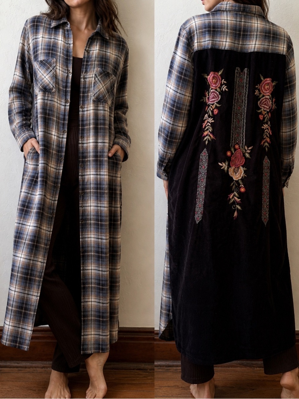 Kyla Seo Plaid Velvet Embroidered Duster Maxi Shirt Dress Boho Large